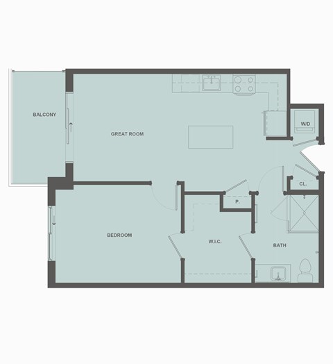 A floor plan of a house with a balcony, great room, bedroom, bath, and workshop.